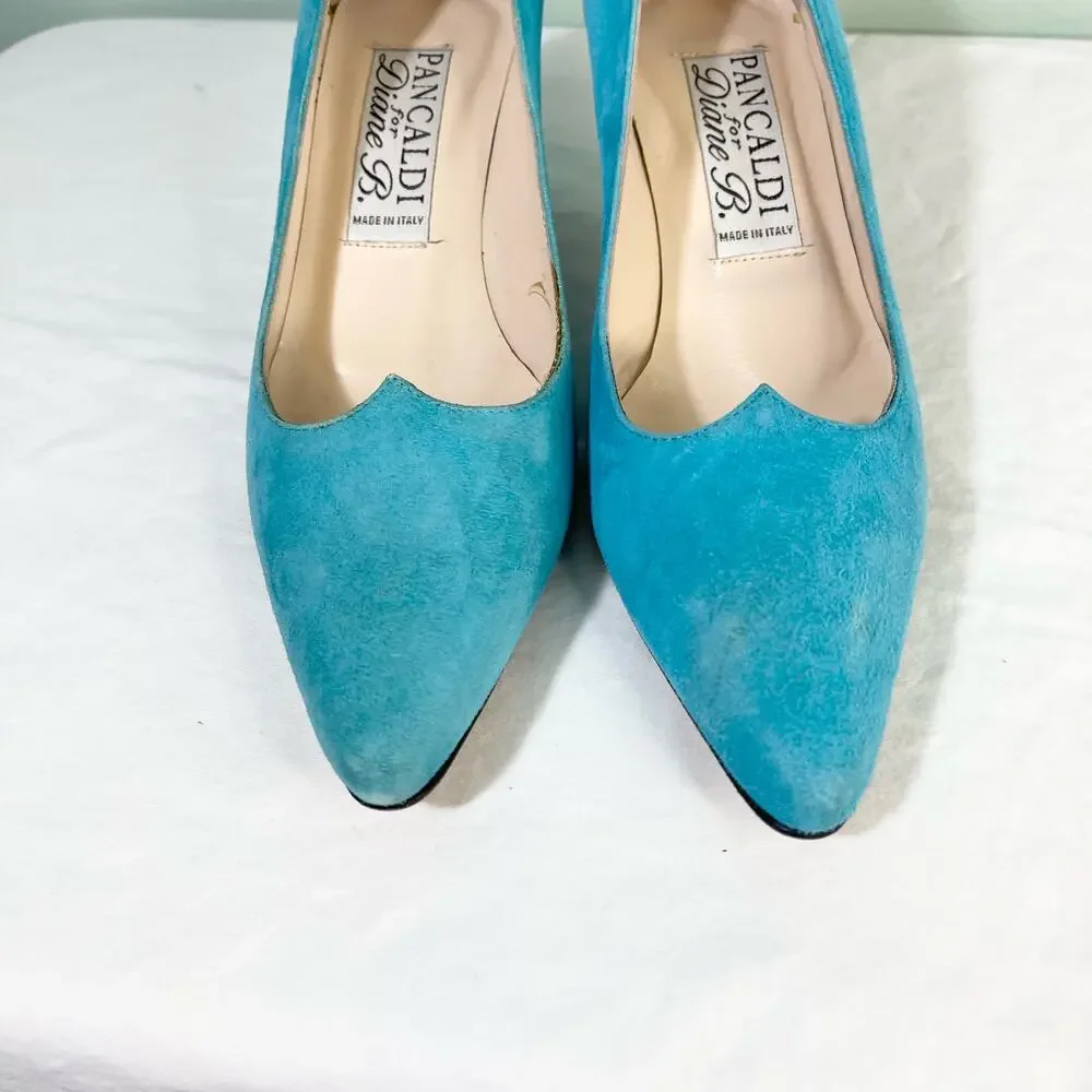 Pancaldi for Diane B Teal Blue Classic Pointed Suede Kitten Pump Heel Size 35 - Picture 7 of 8